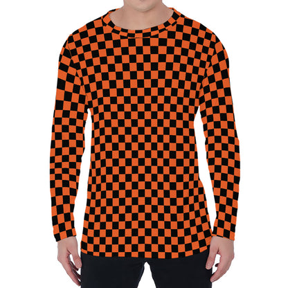 Orange And Black Checkered Pattern Print Men's Long Sleeve T-Shirt