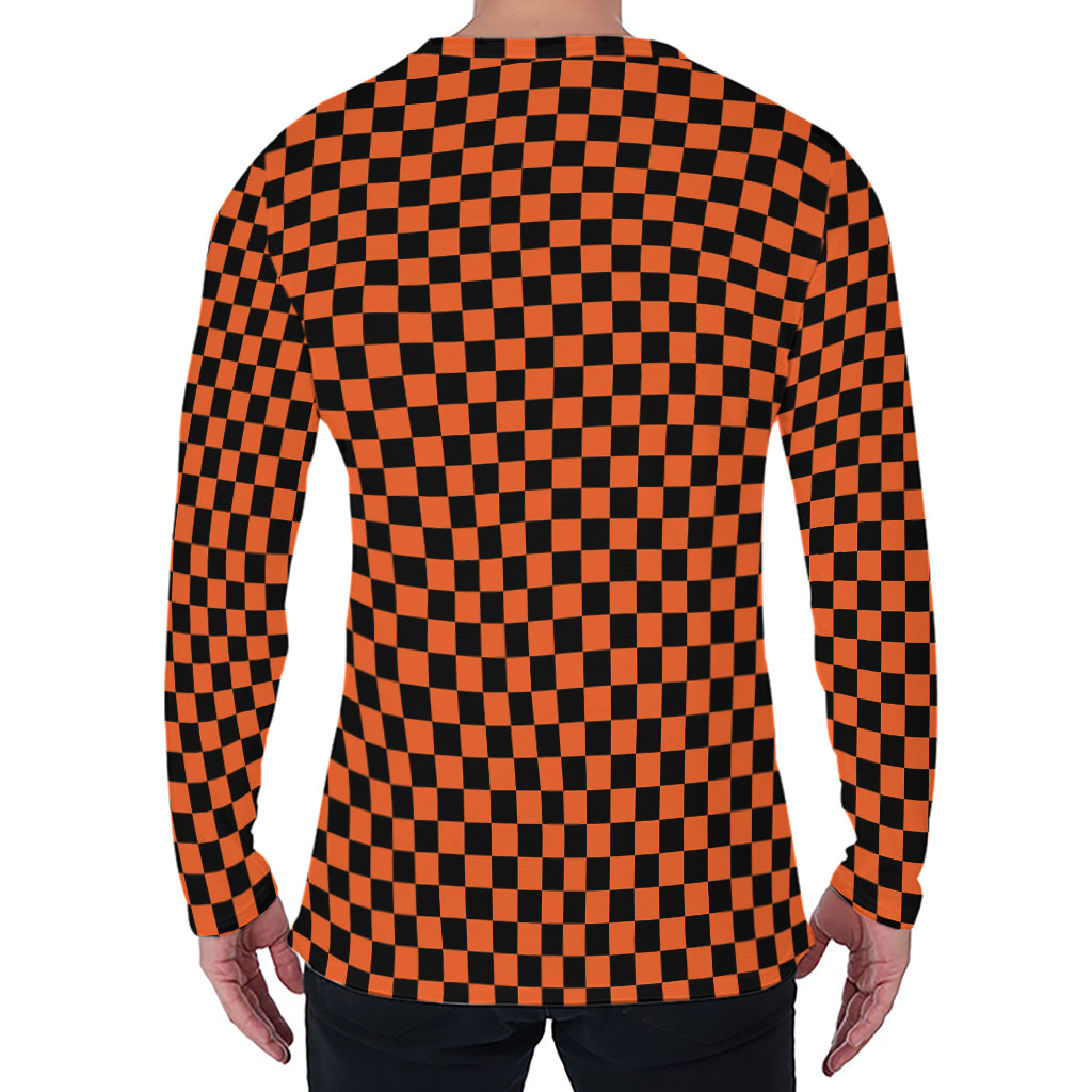 Orange And Black Checkered Pattern Print Men's Long Sleeve T-Shirt