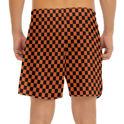 Orange And Black Checkered Pattern Print Men's Split Running Shorts
