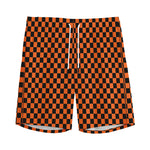 Orange And Black Checkered Pattern Print Men's Sports Shorts