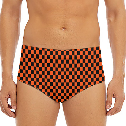 Orange And Black Checkered Pattern Print Men's Triangle Swim Briefs