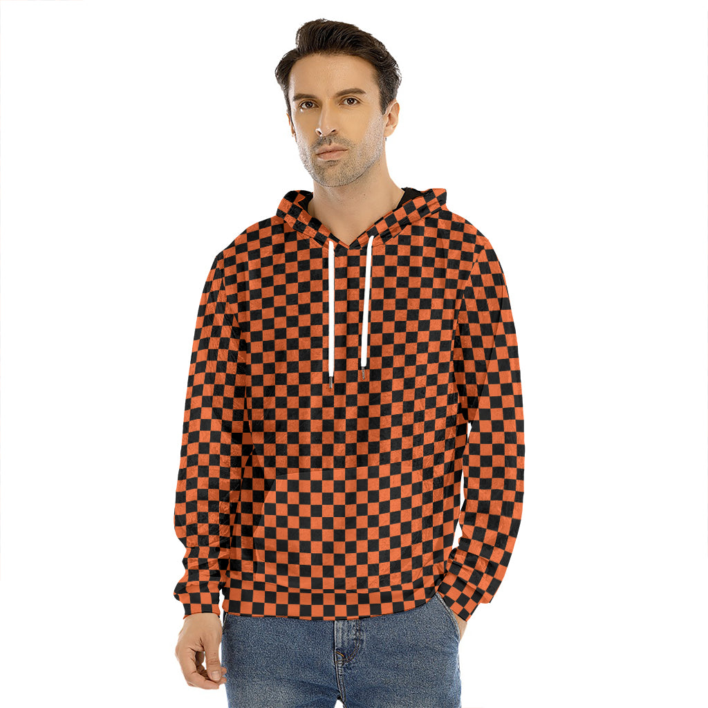 Orange And Black Checkered Pattern Print Men's Velvet Pullover Hoodie
