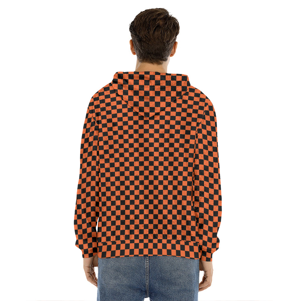 Orange And Black Checkered Pattern Print Men's Velvet Pullover Hoodie
