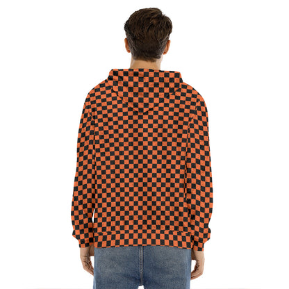 Orange And Black Checkered Pattern Print Men's Velvet Pullover Hoodie