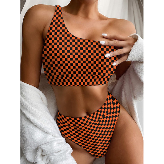 Orange And Black Checkered Pattern Print One Shoulder Bikini Top