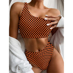 Orange And Black Checkered Pattern Print One Shoulder Bikini Top
