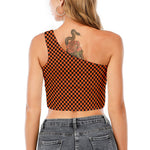 Orange And Black Checkered Pattern Print One Shoulder Crop Top
