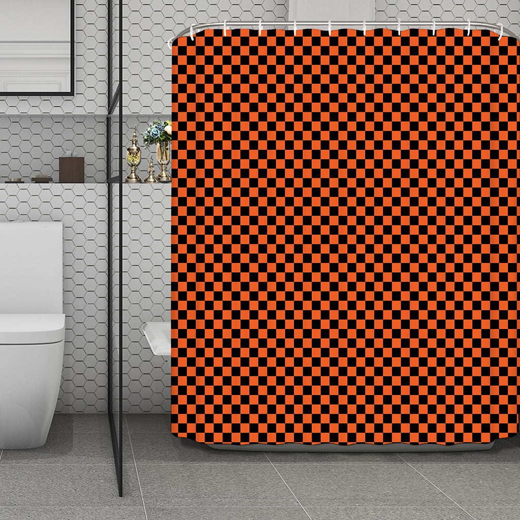 Orange And Black Checkered Pattern Print Polyester Shower Curtain