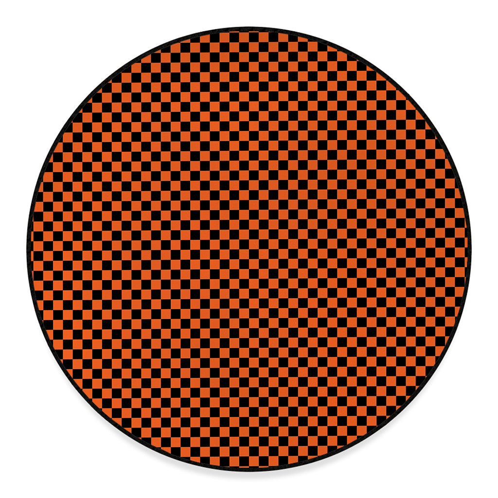 Orange And Black Checkered Pattern Print Round Floor Mat