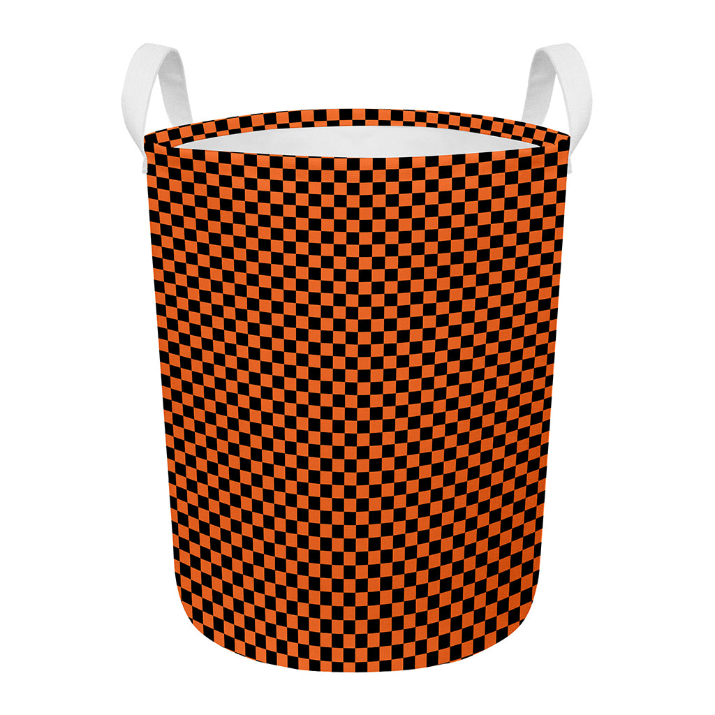 Orange And Black Checkered Pattern Print Round Laundry Basket