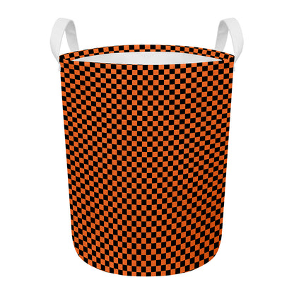 Orange And Black Checkered Pattern Print Round Laundry Basket