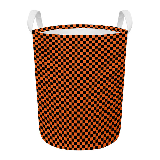 Orange And Black Checkered Pattern Print Round Laundry Basket