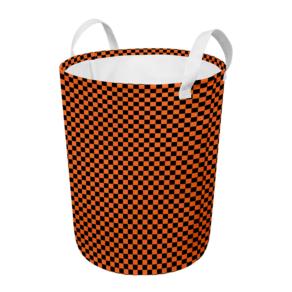 Orange And Black Checkered Pattern Print Round Laundry Basket