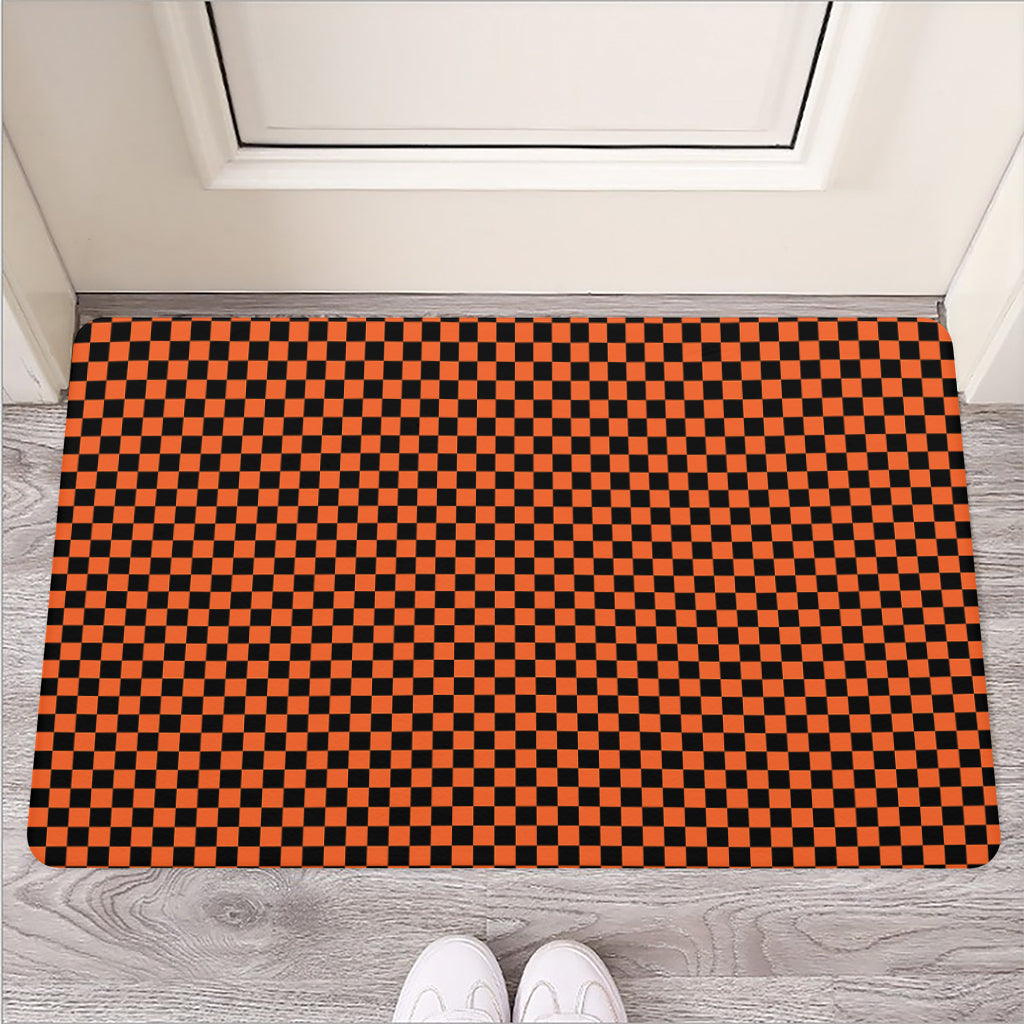 Orange And Black Checkered Pattern Print Rubber Doormat