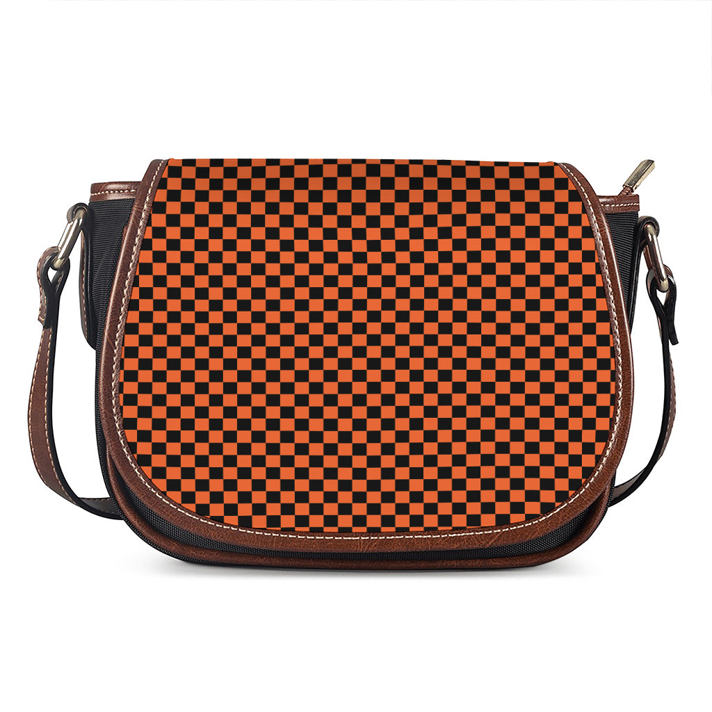 Orange And Black Checkered Pattern Print Saddle Bag