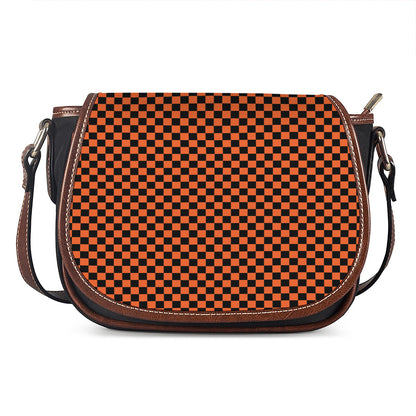 Orange And Black Checkered Pattern Print Saddle Bag
