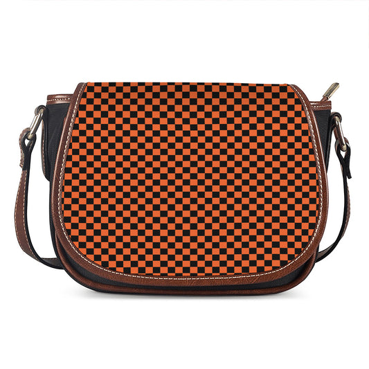 Orange And Black Checkered Pattern Print Saddle Bag