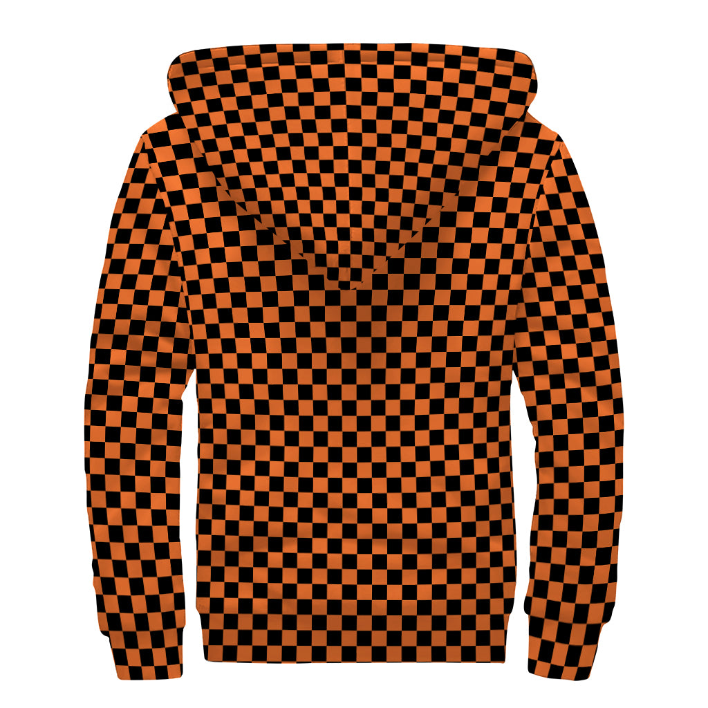 Orange And Black Checkered Pattern Print Sherpa Lined Zip Up Hoodie