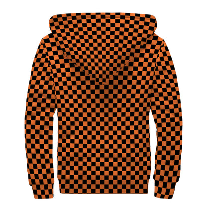 Orange And Black Checkered Pattern Print Sherpa Lined Zip Up Hoodie