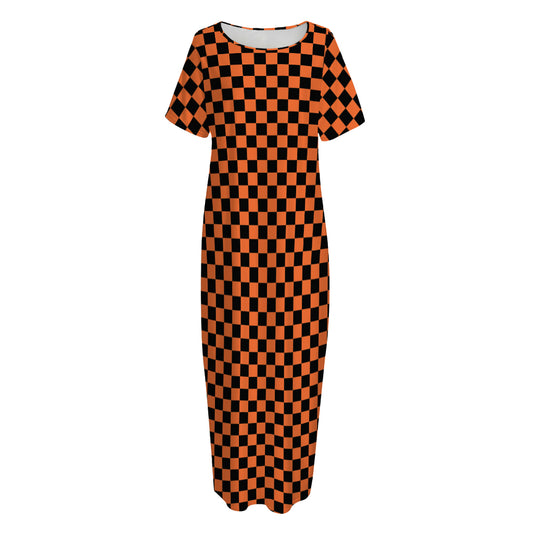 Orange And Black Checkered Pattern Print Short Sleeve Long Nightdress