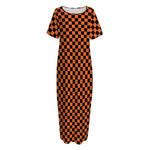 Orange And Black Checkered Pattern Print Short Sleeve Long Nightdress