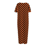 Orange And Black Checkered Pattern Print Short Sleeve Long Nightdress