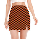 Orange And Black Checkered Pattern Print Side Slit Mini Skirt