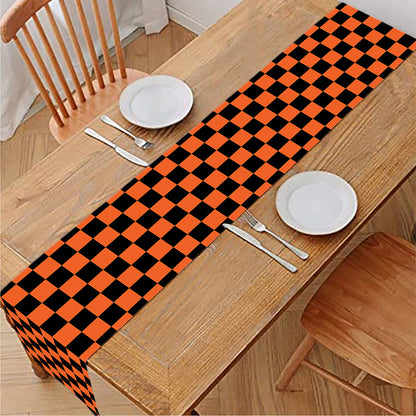 Orange And Black Checkered Pattern Print Table Runner
