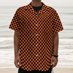 Orange And Black Checkered Pattern Print Textured Short Sleeve Shirt