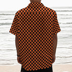 Orange And Black Checkered Pattern Print Textured Short Sleeve Shirt