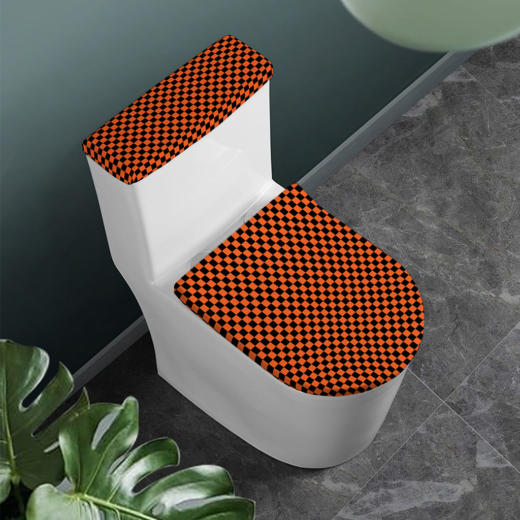 Orange And Black Checkered Pattern Print Toilet Lid And Tank Cover Set