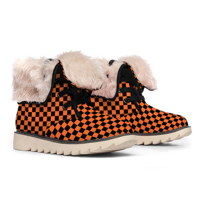 Orange And Black Checkered Pattern Print Winter Boots