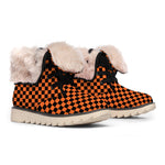 Orange And Black Checkered Pattern Print Winter Boots