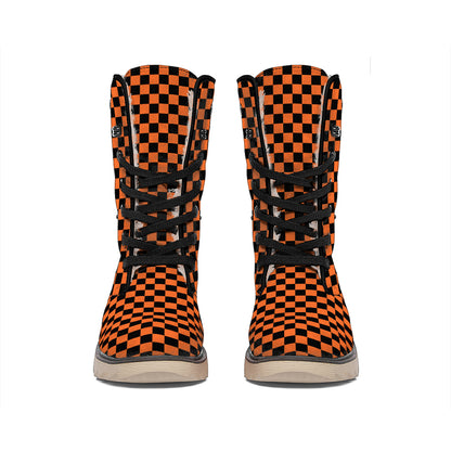 Orange And Black Checkered Pattern Print Winter Boots