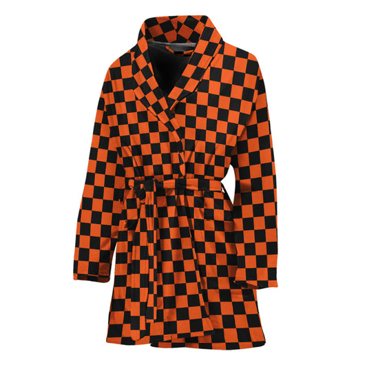 Orange And Black Checkered Pattern Print Women's Bathrobe
