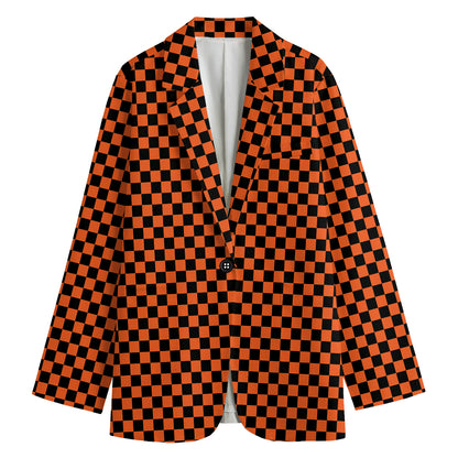 Orange And Black Checkered Pattern Print Women's Blazer