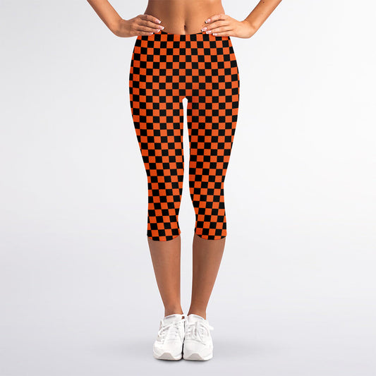 Orange And Black Checkered Pattern Print Women's Capri Leggings