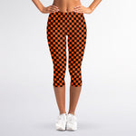 Orange And Black Checkered Pattern Print Women's Capri Leggings