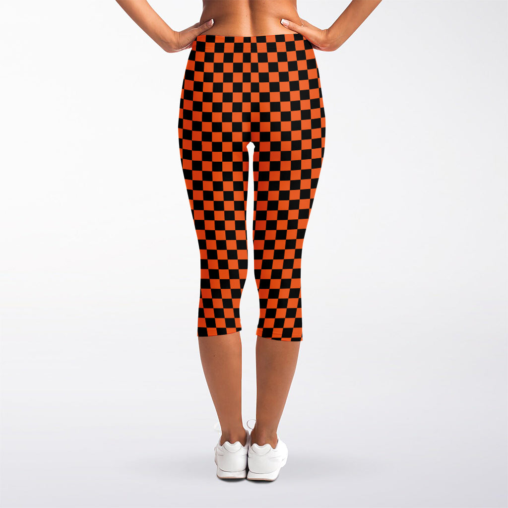 Orange And Black Checkered Pattern Print Women's Capri Leggings