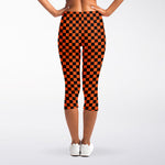 Orange And Black Checkered Pattern Print Women's Capri Leggings