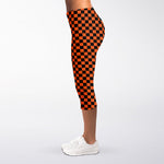 Orange And Black Checkered Pattern Print Women's Capri Leggings