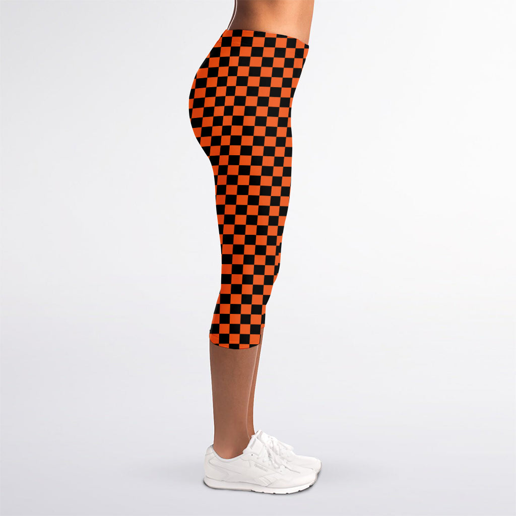 Orange And Black Checkered Pattern Print Women's Capri Leggings