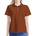 Orange And Black Checkered Pattern Print Women's Polo Shirt