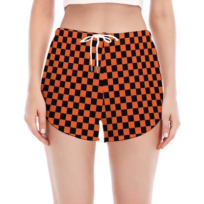 Orange And Black Checkered Pattern Print Women's Split Running Shorts