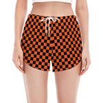 Orange And Black Checkered Pattern Print Women's Split Running Shorts