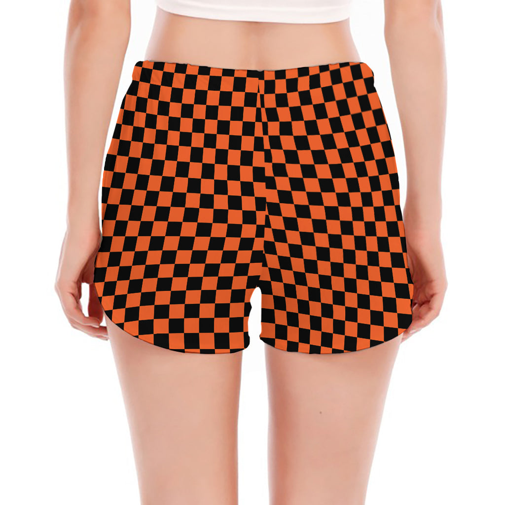 Orange And Black Checkered Pattern Print Women's Split Running Shorts