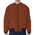 Orange And Black Checkered Pattern Print Zip Sleeve Bomber Jacket