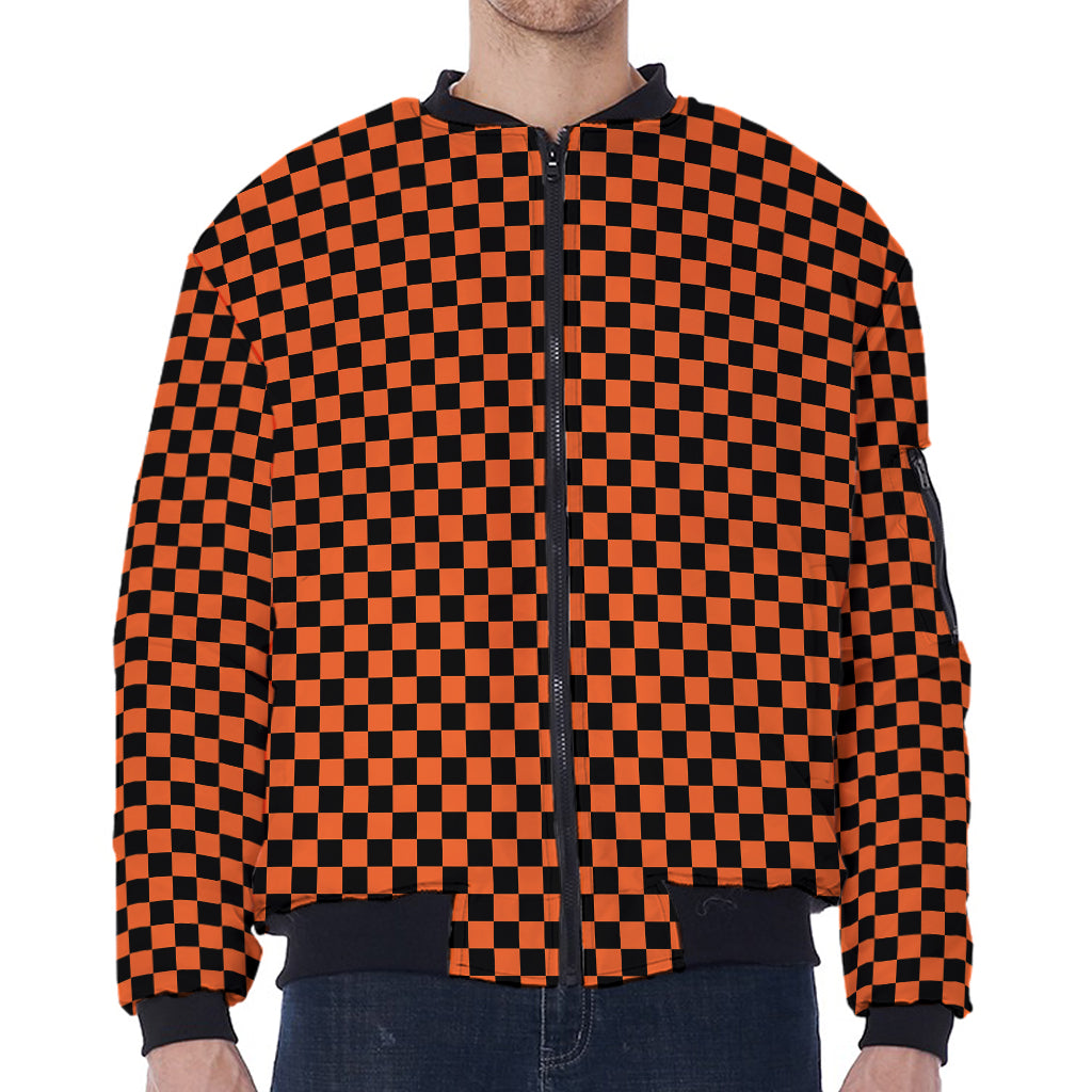 Orange And Black Checkered Pattern Print Zip Sleeve Bomber Jacket