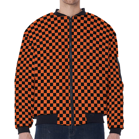 Orange And Black Checkered Pattern Print Zip Sleeve Bomber Jacket