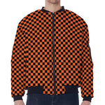 Orange And Black Checkered Pattern Print Zip Sleeve Bomber Jacket